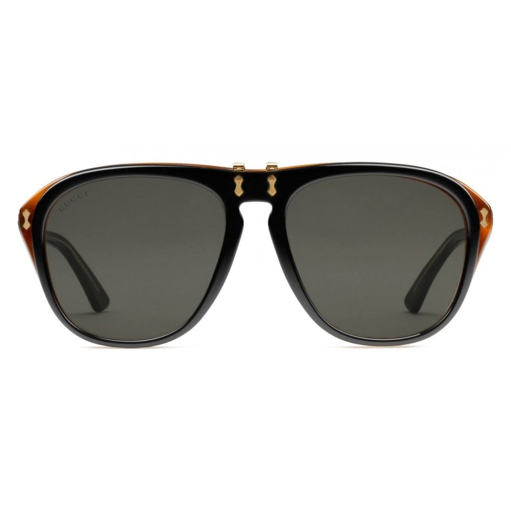 Gucci 0087 Black Havana Brown Flip Retro Aviator
